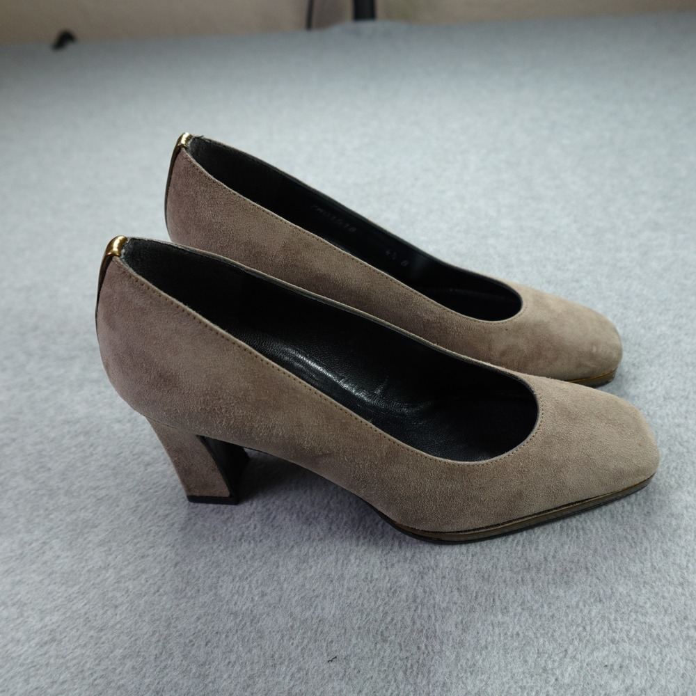 Stuart Weitzman Taupe Suede Mid Block Heel Pumps with Gold Accent